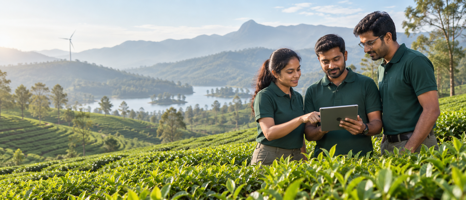 Future Tech professionals reviewing technology in a sustainable tea landscape
